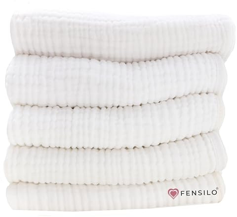 FENSILO Baby Muslindukar | 5-pack | baby dregellappar | 6 lager | 70 x 70 cm | Sugstarka muslinblöjor | tygblöjor testade för skadliga ämnen för pojkar och flickor baby muslinblöjor – vit