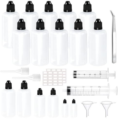 FINEASY 25 droppflaskor, flytande flaskor, 100 ml, klämflaskor, plastflaskor med barnsäker klamre, lock, gratis trattetiketter, mätbägare