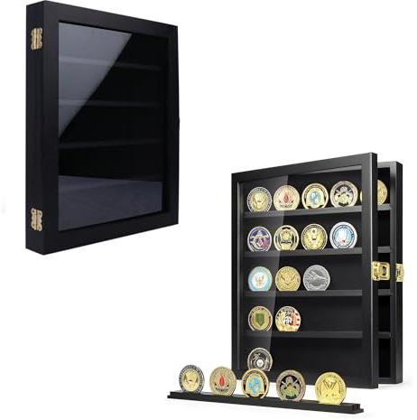 Münzdisplayboxen,Challenge Münzvitrine,Münzdisplay aus Holz,Münzhalter-Display,Militär-Münzhalter-Display,Wandmontage mit abnehmbaren Regalen (Es ist schwarz.)