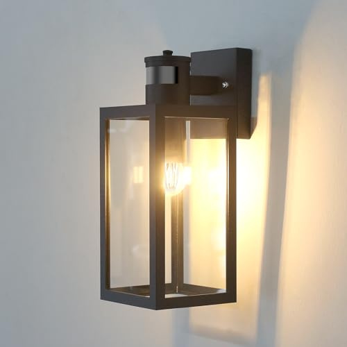 HLFVLITE Motion Sensor Lights Outdoor, E27 Aluminum Outside Lights with Sensor, Waterproof Dusk Till Dawn Outside Wall Lantern, Modern PIR Outdoor Light, 3 Lighting Modes, Black