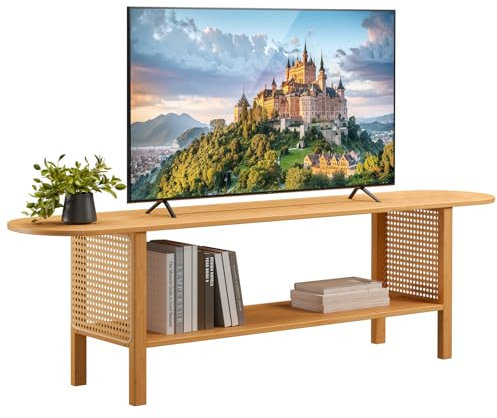 HollyHOME TV Schrank Bambus TV Lowboard Rattan 140cm Fernsehschrank Fernsehtisch TV Bank 2-stöckige TV Tish TV Table für Wohnzimmer Schlafzimmer, Natürlich
