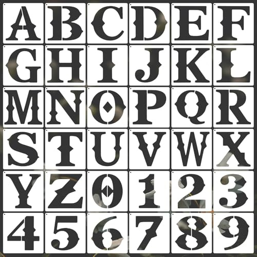 36Pcs Large Alphabet Stencils 6x6 Inch Reusable Letter Number Stencils Plastic Alphabet Digital Templates for Wall Painting Address Cake DIY Art Projects