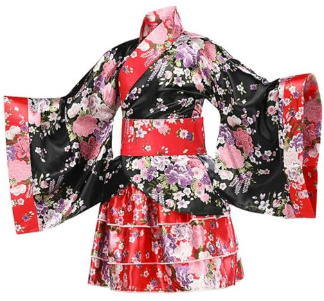 Floreale Giapponese Kimono Bambina Ragazze Vestaglia Raso Vintage Geisha Yukata Elegante Vestito Corte con Cintura Tradizionale Abito Accappatoio Kimono Bambino Maniche Lunghe (Black, 6-7 Years)