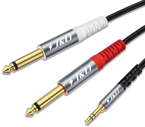 J&D 1/8 to 1/4 Stereo Cable, 3.5mm TRS to Dual 6.35mm TS Mono Y-Splitter Adapter Nylon Braid Jack Breakout Cord for Smartphone, CD Player, Speakers and Home Systems Amplifier, 3.3 Feet, Grey