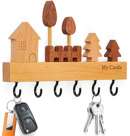 UOSIWYA Schlüsselbrett mit 6 Haken, Holz Schlüsselhalter Schlüsselboard Moderner holzschlüsselhalter mit Montagezubehör für Flur Eingangsbereich Wand Key Holder