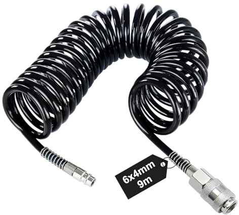 SRJQXH 9m Tuyau Air Comprimé, Spirale Tuyau Compresseur D'air, Diamètre 6x4 mm Flexible Compresseur Air, Noir, avec Connecteur, pour la Maison, L'atelier, L'atelier de Réparation Automobile