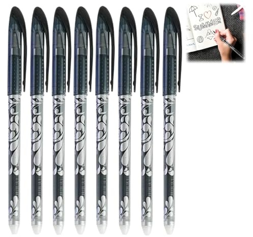 Xunzhi 8Pcs Erasable Pens Black,0.5mm Friction Gel Ink Pens with Rubber Eraser on Top for Smooth Writing & Easy Correction,Ideal for School,College,Office,Note-Taking,Journaling,Homework Preparation