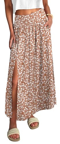 ANRABESS Women's Maxi Skirts, Soft Flowy Boho Floral, Long Casual Side Slit Skirt, Perfect for Beach, Vacation & Summer Floral Brown Small