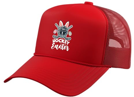 Ice Hockey Easter Helmet Puck Sports Men Boys Kids Teens Trucker Hat with Adjustable Mesh Back, Red
