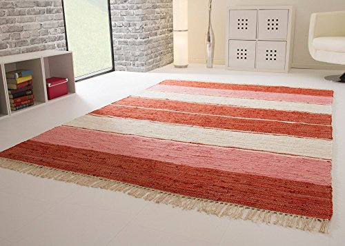 Handwebteppich Indira Colour in Rot - Teppich aus 100% Baumwolle mit Streifen Muster, Größe: 70x250 cm