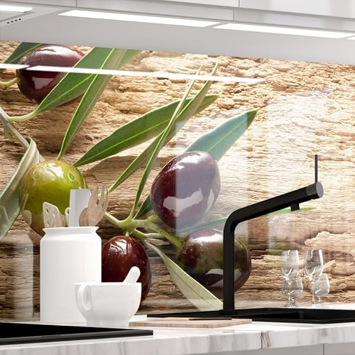 StickerProfis Küchenrückwand Spritzschutz selbstklebend, Glas Optik, Versteift, alle Untergründe, 1.8mm Rückwand für Küche, OLIVEN (Premium) 60 x 340cm