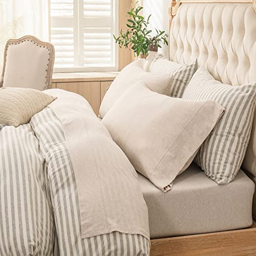 PURE ERA Jersey Knit 4pc Bed Sheet Set 100% T-Shirt Heather Cotton Super Soft Comfy Breathable Fits Mattress Up to 20 Extra Deep Pocket (Heather Beige, King)