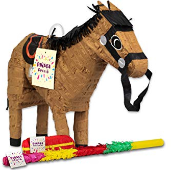 Trendario Pinata Set Pferd, Pinjatta + Stab + Augenmaske, Ideal zum Befüllen mit Süßigkeiten und Geschenken - Piñata braunes Pferd für Kindergeburtstag Spiel, Geschenkidee, Party, Hochzeit