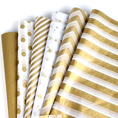 SAVITA 60 ark 35x45cm guldmetalliskt silkespapper, metallisk presentinslagning papper för jul bröllop födelsedagsfest duschar gör-det-själv konst hantverk (6 stilar)