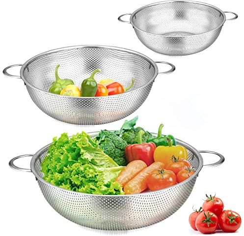 Herogo Colander Stainless Steel Set of 3, Micro-Perforations Colanders with Handle, Metal Kitchen Strainer for Draining/Straining/Cleaning Vegetable/Pasta/Rice/Fruit, 1/3/5 Quart, Dishwasher Safe