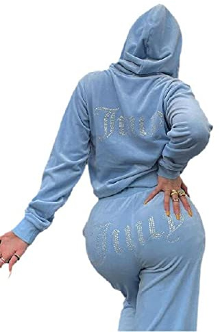Mujer Conjunto De Chándal De Diamantes De Imitación con Letras De Terciopelo, Sudaderas con Capucha BM y Pantalones De Chándal con Cremallera Completa, Conjunto De Dos Piezas Azul M