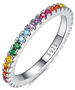 Emmie Jewelry Eternity Ring 925 Silber mit Bunte Zirkonia Steine | Damenring mit Regenbogen-Steinen rundherum | Rainbow Ringe für Damen, Frauen Schmuck (62, Silber)