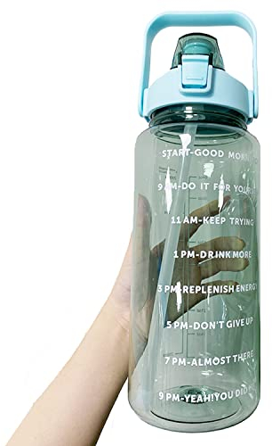 DIRUQSD Trinkflasche mit Strohhalm,2L Wasserflasche mit Zeitmarkierung,