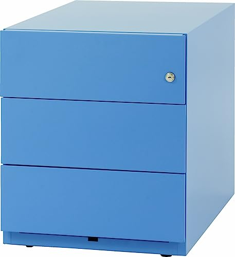 BISLEY Note Rollcontainer mit 3 Schüben aus Metall abschließbar in blau - Bürocontainer mit Schloss für DIN A4 Dokumente, Kleinteile & Büromaterial, Container für Büro & Homeoffice auf Rollen