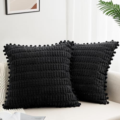 ZWJD 2er Set Kissenbezug 60x60 Kordsamt Sofakissen Weiche Kissenhülle Boho Kissenbezüge Dekokissen Moderne Kissen Deko für Couch Schlafzimmer Zuhause Auto Dekor Zierkissenbezüge Schwarz