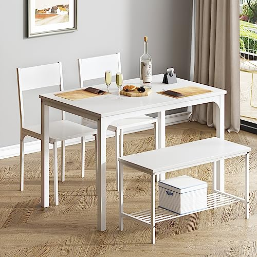 soges Juego de Mesa de Comedor para 4 Personas, 110cm Juego de Mesa de Cocina para 4, 2 Sillas con Respaldo, Banco para 2 Personas con Estante de Almacenaje, Juego de Muebles Nido para Comedor