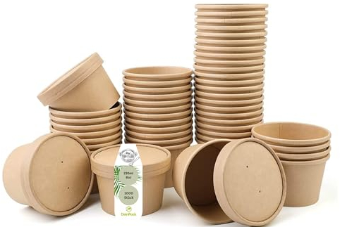 DeinPack 250 gobelets à soupe à emporter avec couvercle marron 230 ml 8oz avec revêtement intérieur gobelets à soupe 250 gobelets jetables bio avec couvercle | gobelets à glace avec couvercle