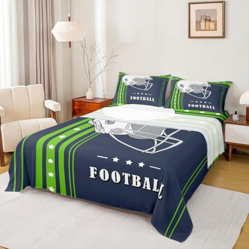 Erosebridal Football Bed Sheets Set - Sports Room Decor, Seasonal Sheet Set Full 2 Pillow Cases, Fluorescent Green Navy Blue