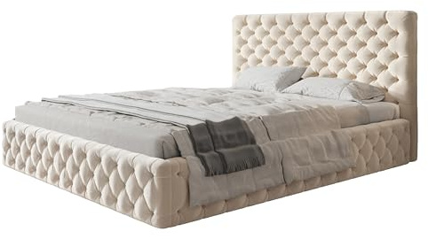 AlpiMeble Bett 180x200 - Polsterbett mit Bettkasten und Holzrahmen - Elegant Betten - Weicher Jasminstoff - Kollektion Miami, Beige