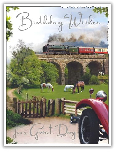 Carte d'anniversaire pour homme – Carte générale pour homme – Finition spéciale – Motif train à vapeur et chevaux – Fabriquée au Royaume-Uni – Respectueux de l'environnement
