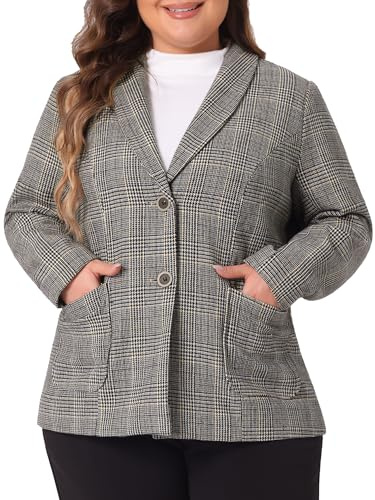 Agnes Orinda Plus Size Plaid Blazer for Women Lapel Jacket Work Office Single Breasted Blazers 4X Black Brown