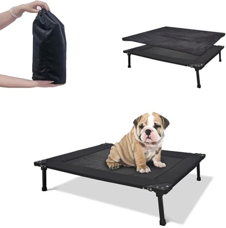 Pozico Elevated Outdoor Dog Bed - Foldable Cooling Dog Cot with Metal Frame & Cushion, Portable Camping Pet Bed for Small Dogs, Breathable Mesh for Indoor & Outdoor Use, Black-M