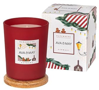 AVA & MAY – Duftkerze Nürnberg 180g im Glas mit Holzdeckel – Gegossene Sojawachskerze mit winterlichen Noten von Ingwer, Nelke & Zimt – Weihnachtskerze für langanhaltenden Genuss – Mit 40h Brenndauer