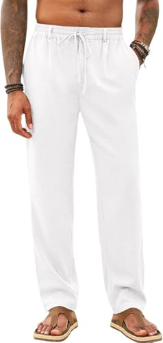Runcati Pantalones largos para hombre, fáciles de planchar, ligeros, para verano, playa, yoga, con bolsillos, cintura elástica, Blanco, M