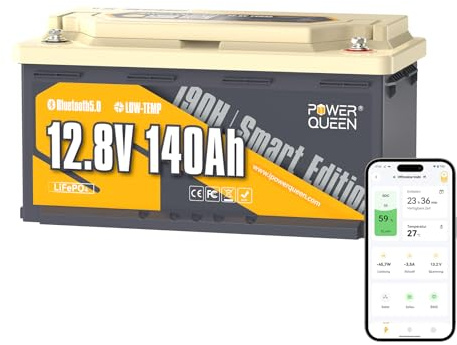 Power Queen 12V 140Ah LiFePO4 Batteria con Bluetooth, 150 A BMS & Max.1920 W Potenza, Protezione contro basse temperature Batteria al litio con 189 mm di altezza per campeggio, camper, barca