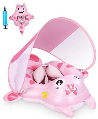 Zhufas Schwimmring Baby, Schwimmhilfe Baby mit abnehmbares Sonnendach UPF50+ & Sicherheitssitz Schwimmring Kleinkind, Lustiges Wasserspielzeug, für Babys im Alter von 3–72 Monaten(Rosa)