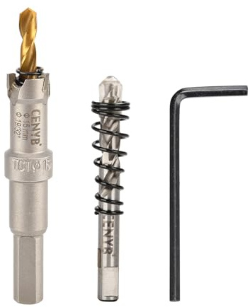 19/32 (15mm) Coronas Taladros con Broca: para Madera, Pladur, Metal, Acero Inoxidable y Plástico - Punta de Carburo de Tungsteno y 2 Brocas Guías de Titanio