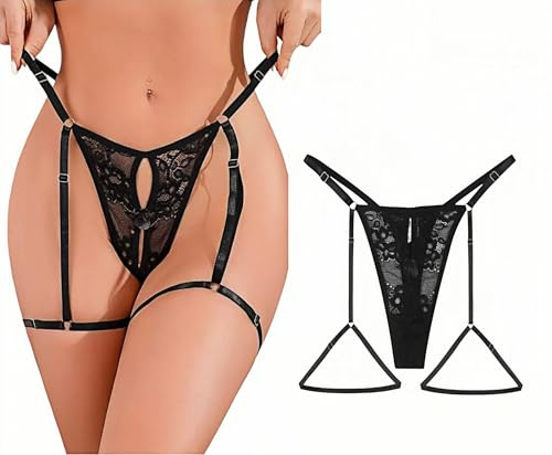 ROSVAJFY Perizoma Sexy Sottile Donna G String Tanga Pizzo Regolabile Gamba Passanti Tanga Donna Sexy Lingerie Non Rimovibile Giarrettiera String con Fodera 4 Colori, Nero , Taglia unica
