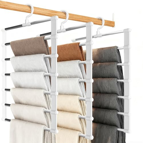 KMFYMPT 3 Piezas Perchas Pantalones Ahorra Espacio, 6 En 1 Perchas para Pantalones, Percha Multiple Extraible, Adecuado para Adultos, para Guardar Pantalones, Faldas, Bufandas Y Corbatas En Casa