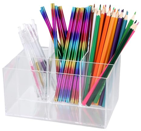 Culinavog Pot à Crayon en plastique Transparent, Organisateur de Bureau avec 4 compartiments, Boîtes Transparentes Rangement Pinceaux Maquillage, Porte-stylo pour Papeterie Pinceau Cosmétique