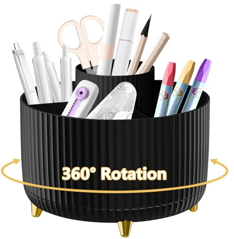 Organiseur de Bureau, Pot à Stylos Rotatif à 360°, Pot à Crayons, Support pour Brosses de Maquillage avec 5 Compartiments, Organisateur de Rangement pour Fournitures de Bureau, Porte-Crayons pour