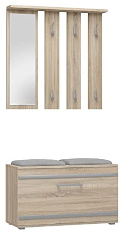 CDF Perchero Set Completo con Espejo Zapatero Y Banco para Recibidor Entrada Moderno Efecto Roble Artesanal 85x180x35 cm Compacto para Pasillos Diseño Funcional Y Práctico