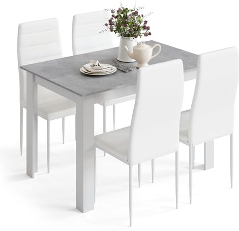 Mondeer Dining Table Set for 4, Kitchen Table Chairs with High Back Faux Leather, Space-Saving Dining Room and Home Office Set, 47.2 x 35.4 x 29.5‘’ (Grey Table and White Chairs)