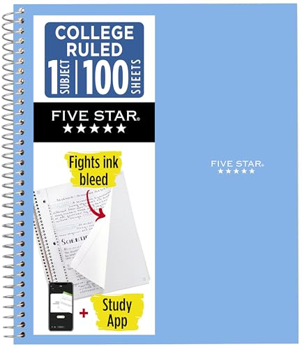 Five Star Spiral Notebook + Study App, 1 Subject, College Ruled Paper, 8-1/2 x 11, 100 Sheets, Fights Ink Bleed, Water Resistant Cover, Pacific Blue (72565)