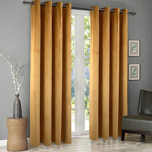 Singinglory Blackout Curtains Velvet Curtains Pencil Pleat 2 Panels with 2 Tiebacks Thermal Eyelet Curtain for Bedroom & Living Room Yellow 66x90