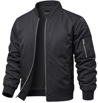 CRYSULLY Men's Bomber Jacket Lightweight Windbreaker Full Zip Up Waterproof Jackets Fall Winter Coats Black XL