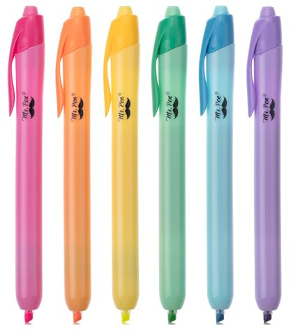 Mr. Pen- Retractable Highlighters, 6 Pack, Bright Colors, Chisel Tip Highlighter Marker Set, Click Highlighter Markers for Classroom, Journaling, Study Supplies, No Bleed On Standard Pages