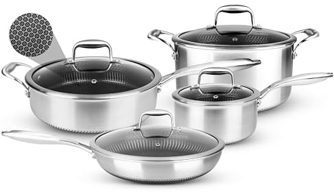 NutriChef Edelstahl Kochgeschirr Set 8-teilig – Triply Töpfe und Pfannen induktionsgeeignet Wabenstruktur, Kratzfest & Antihaft, Bratpfanne, Kochtopf, Soßentopf mit Deckel, Ofenfest bis 260 °C