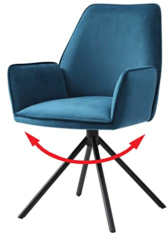 Mendler Esszimmerstuhl HWC-G67, Küchenstuhl Stuhl mit Armlehne, drehbar Auto-Position, Samt FSC® - türkis-blau, Beine schwarz