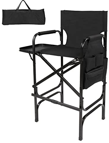 mefeir 30 Tall Directors Chair Black Folding with Side Table Storage Bag,Portable Makeup Artist Bar Height, Aluminum Frame 300 lbs Capacity, 19.2 D x 23.6 W x 45.6 H