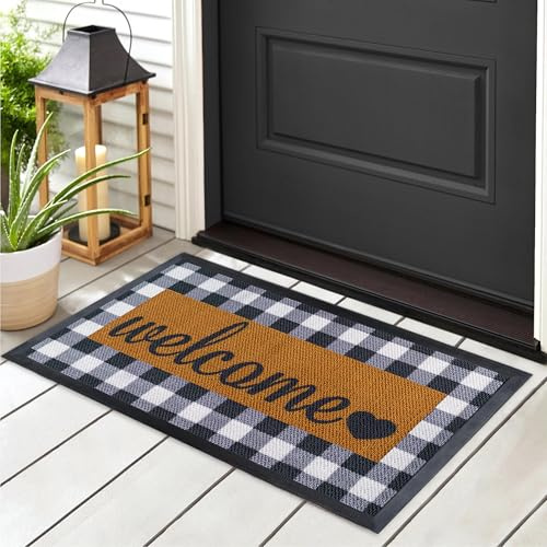 ubdyo Welcome Mat for Front Door Outside - Dirt Trapping Doormat Outdoor Entrance - Low Profile Welcome Matt Outdoor - Rubber Backing Anti Slip Door Mat - Regular 30'' x17'' (Checkered)